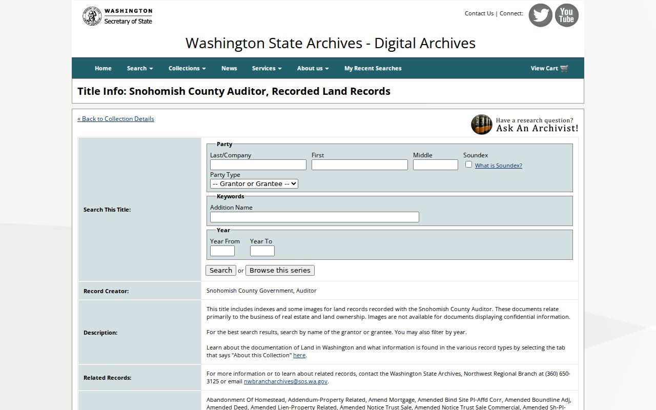 Washington State Archives search page for Snohomish County land records