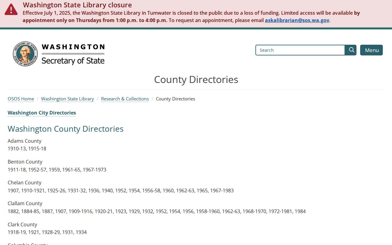 Washington State Library list of Snohomish County directory holdings