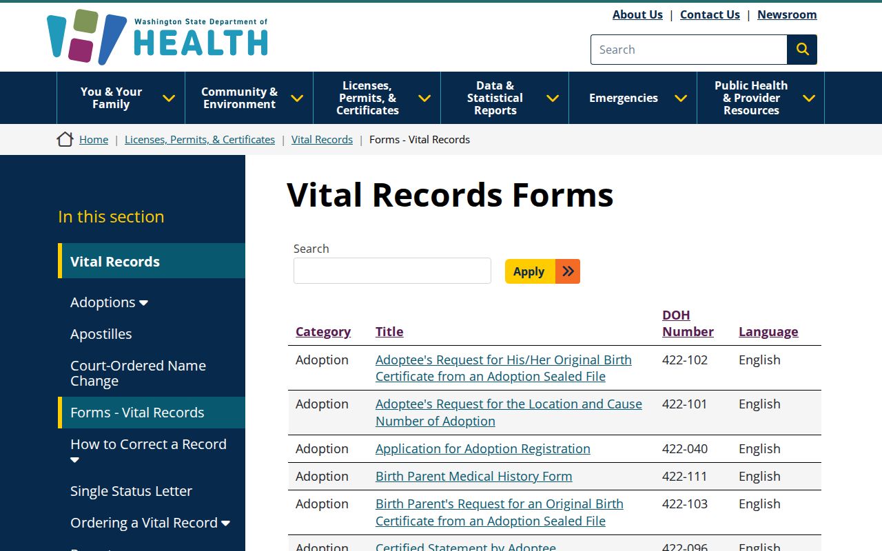 Lynnwood resident lookup with Washington vital record forms